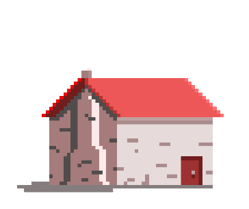 cabin with smoke coming out animated in pixelated form in four frames. the cabin is a light gray color with a dark red roof.